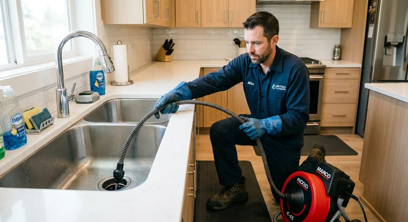 Drain cleaning technician using a motorized snake on a kitchen sink in Deptford