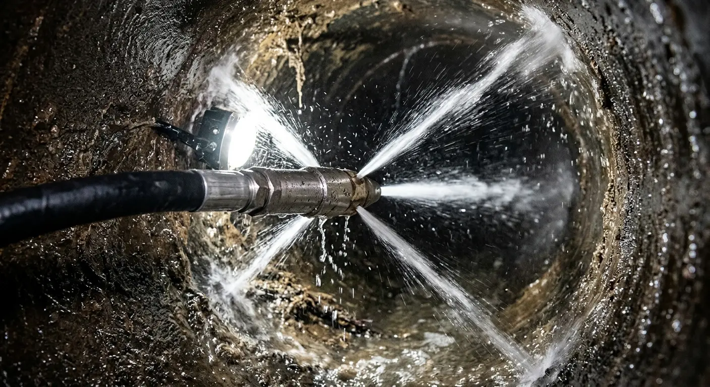 High-pressure hydro jetting nozzle cleaning sewer pipe for Emergency Drain Service in Deptford