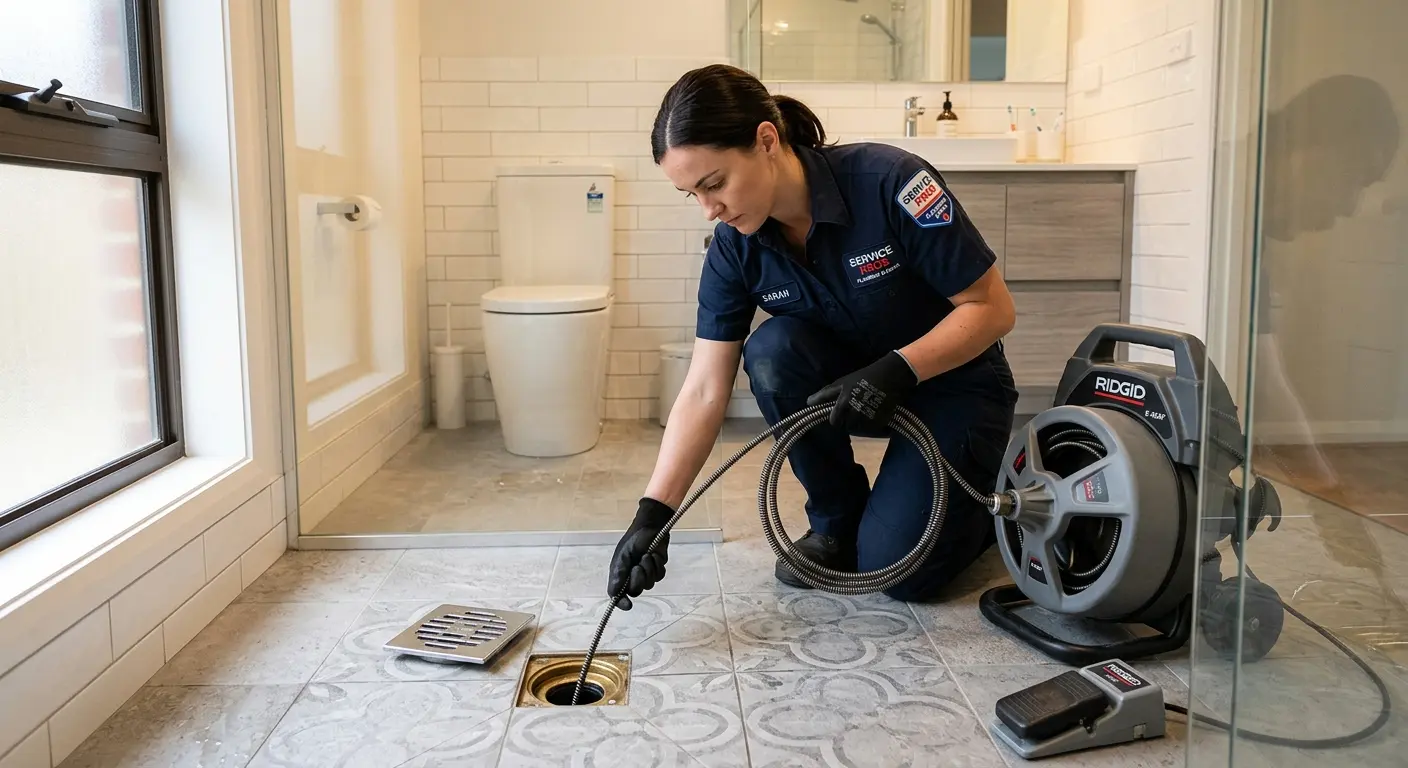 Technician clearing a bathroom floor drain for Hydro Jetting in Deptford